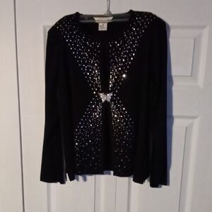 Misook Black Sequin Butterfly Clasp Cardigan